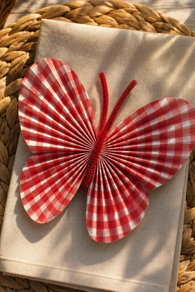 Gingham butterfly with pleated wings and a tidy body pinch