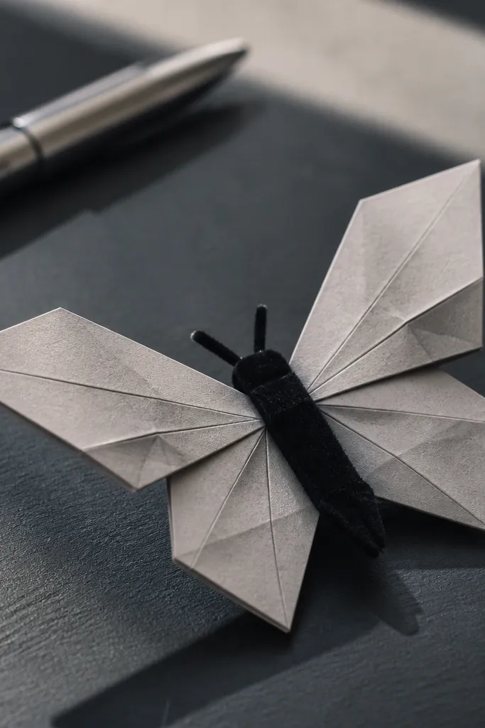 Gray wings with a dark velvet-look body and smooth wing folds