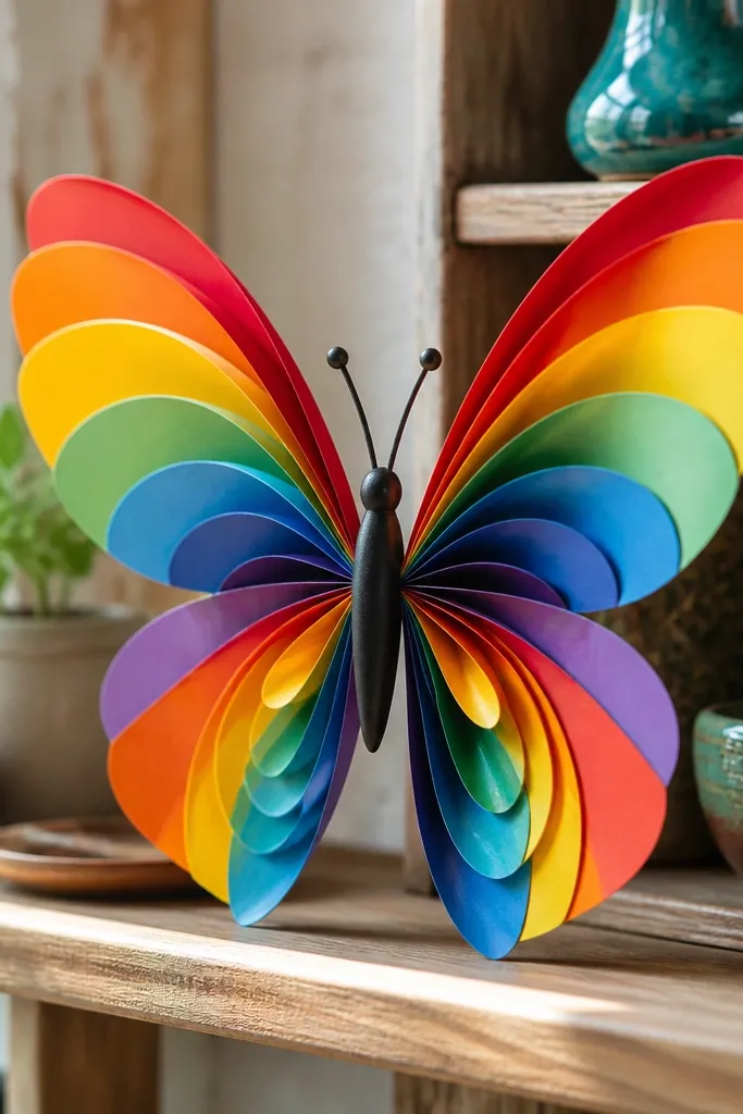 Butterfly with rainbow wing panels that look like pinwheels