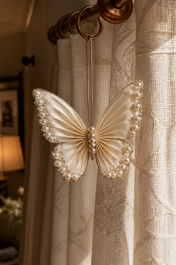 Butterfly ornament with a loop and tiny pearl-like edge accents