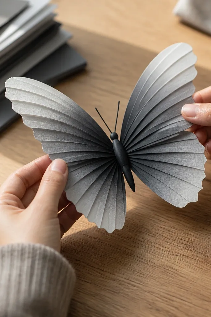 Ombre wings fading outward with a dark body and sharp wing folds