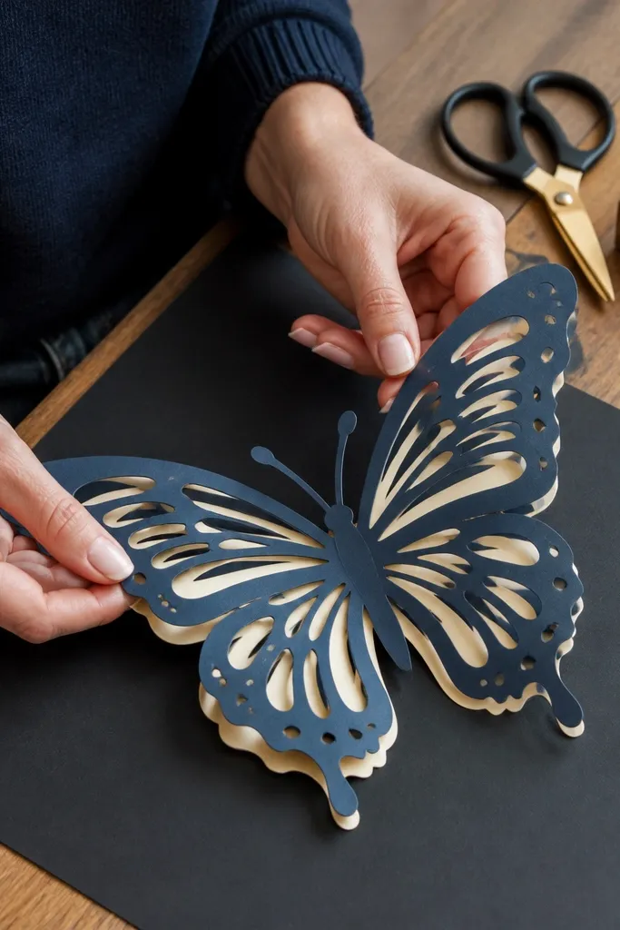 Butterfly with layered cutout look created from folds, not actual cutting