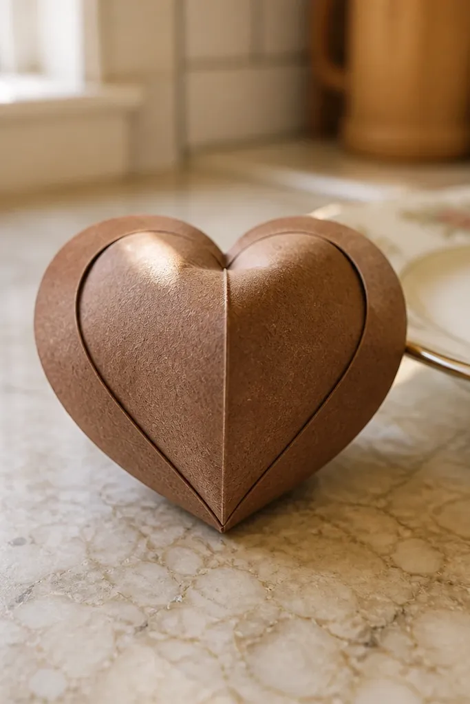 Layered brown heart paper squishy with a small gold dot on top