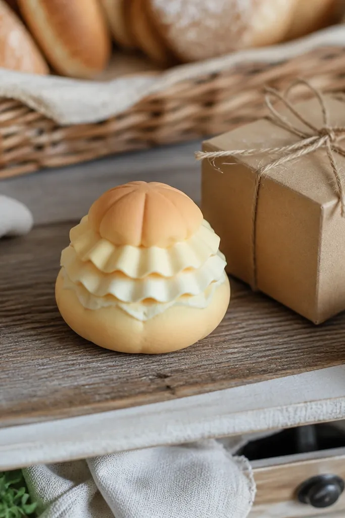 Cream-colored mini squishy with a scalloped ruffle top and soft shading