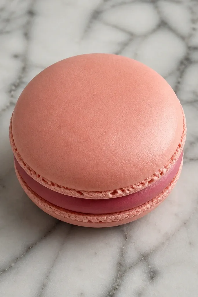 Two pastel macaron circles with a berry filling strip and fine edge shading
