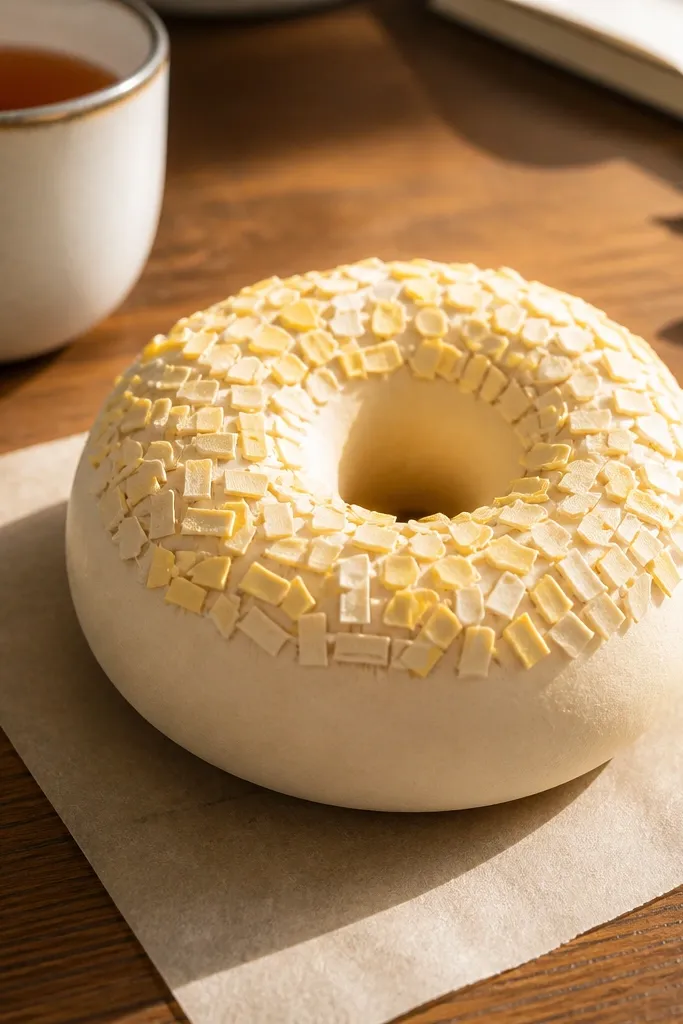 Light beige donut squishy with a raised sprinkle band and darker donut hole ring