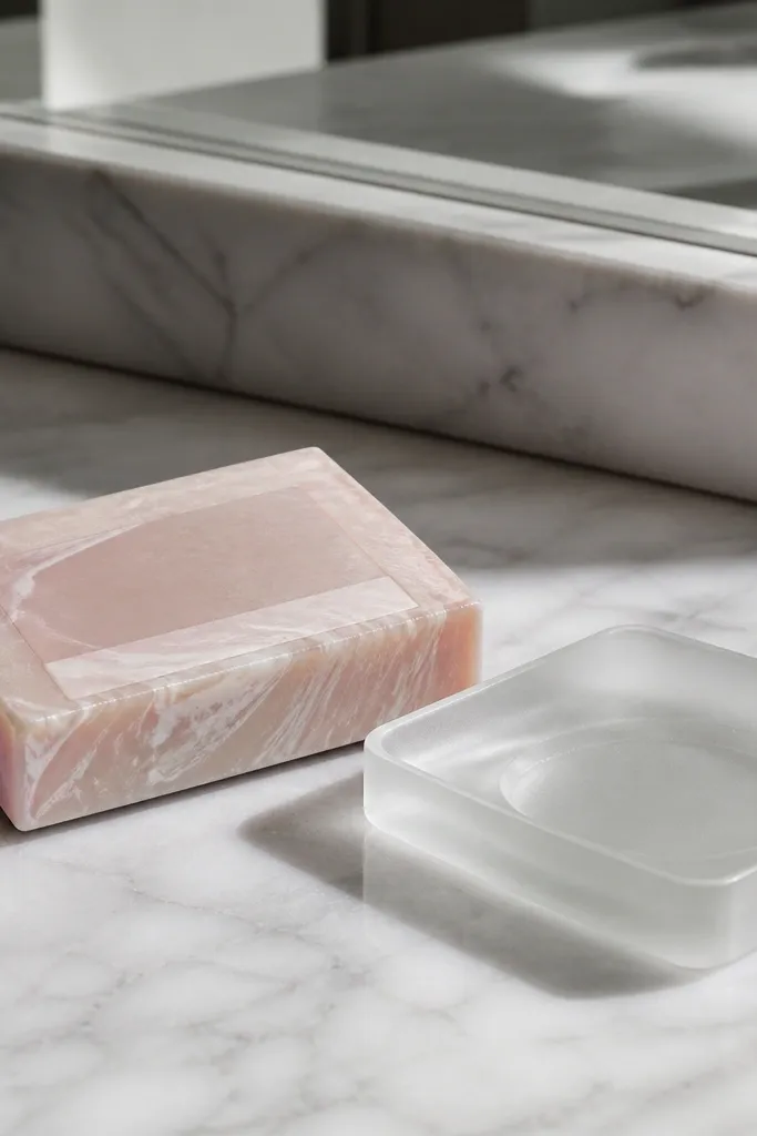 Pink paper soap slice squishy with white marble swirl lines and crisp edges
