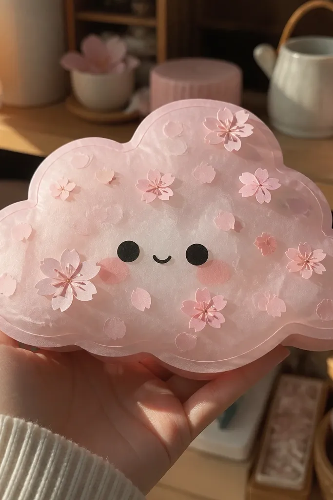 Soft pink cloud squishy with a translucent jelly layer and small petal cutouts