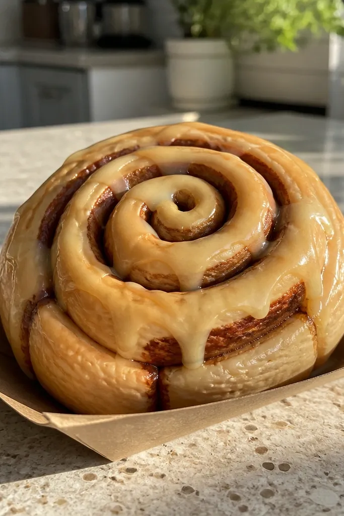 Coiled cinnamon roll paper squishy with a raised spiral and glossy glaze dot