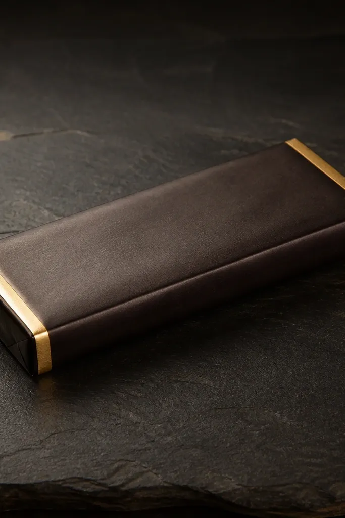 Dark chocolate bar squishy with gold foil edge strips and a snap seam
