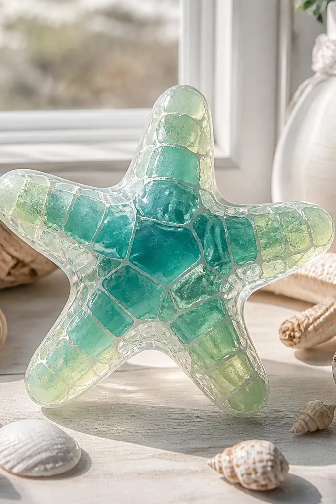 Blue starfish squishy with translucent sea glass panels and pale outline