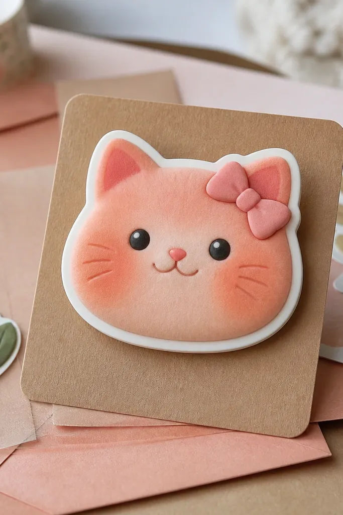 Peach cat face paper squishy with raised cheeks and a small bow