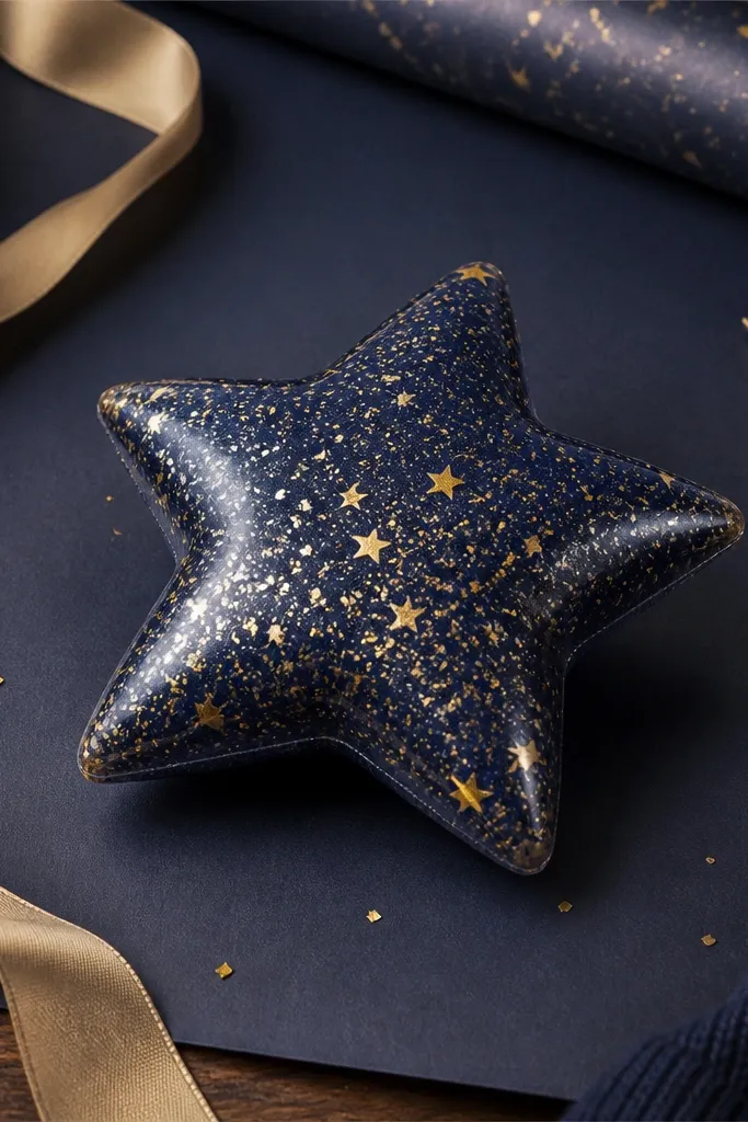 Navy paper squishy star with gold foil speckles and a soft inner dome