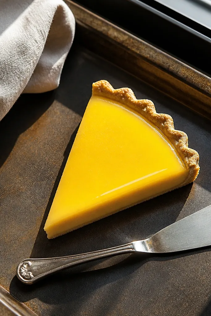 Yellow lemon tart slice squishy with a triangular crust edge and thin white gloss line