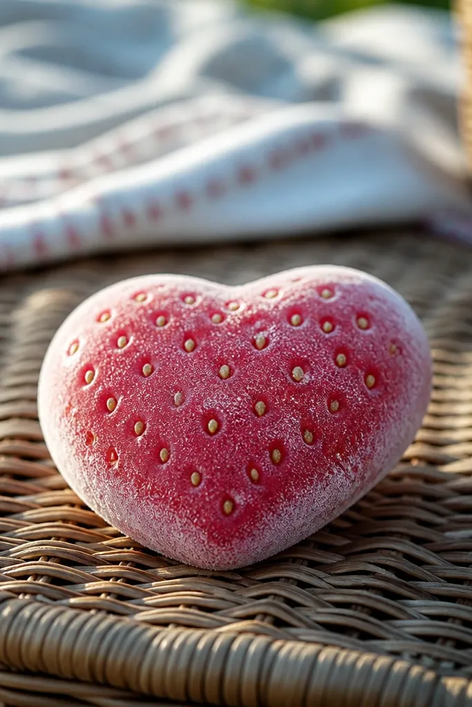 Red strawberry paper squishy with tiny pale seed dots and a frosty white rim