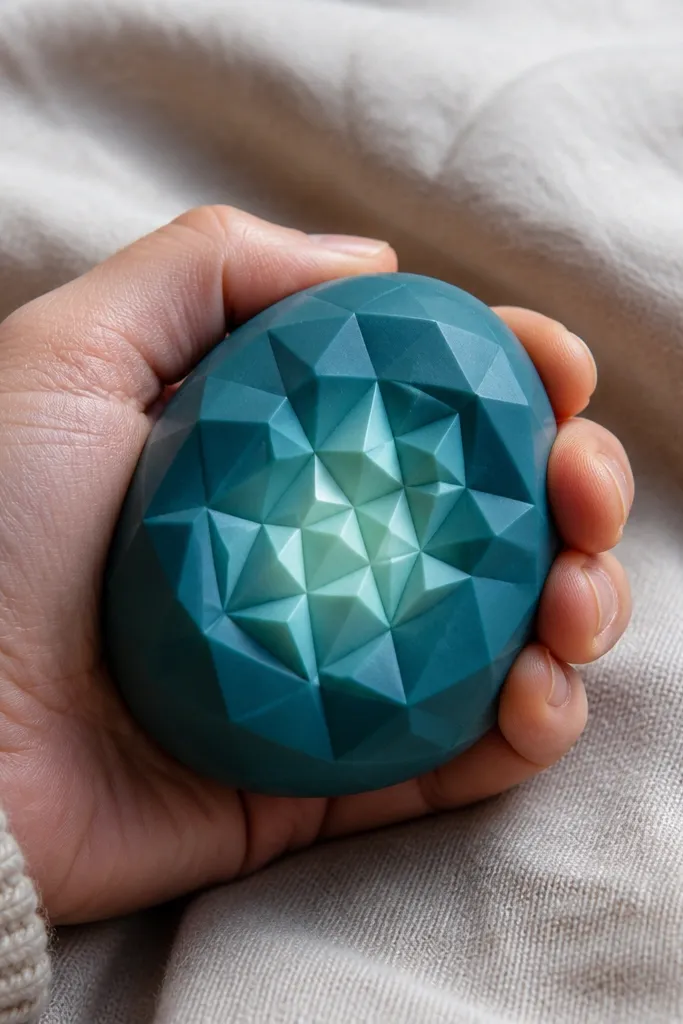 Teal geode egg squishy with faceted paper panels and a pale inner glow