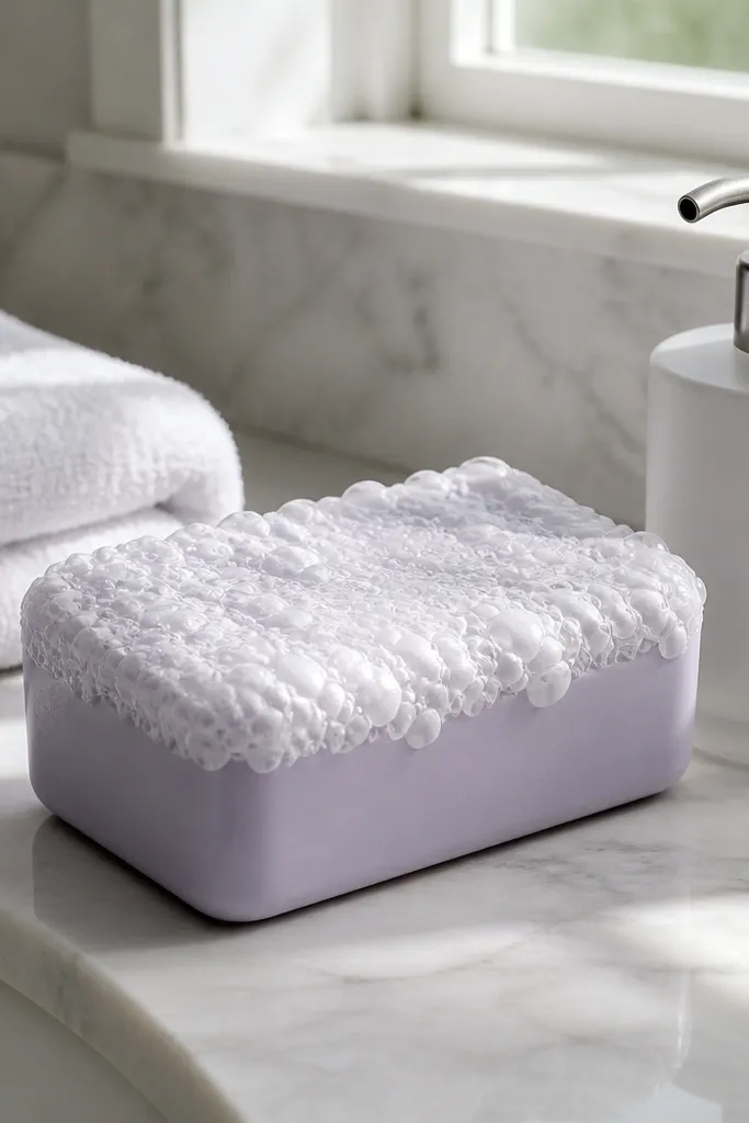 Lavender soap foam squishy with raised white bubble dots