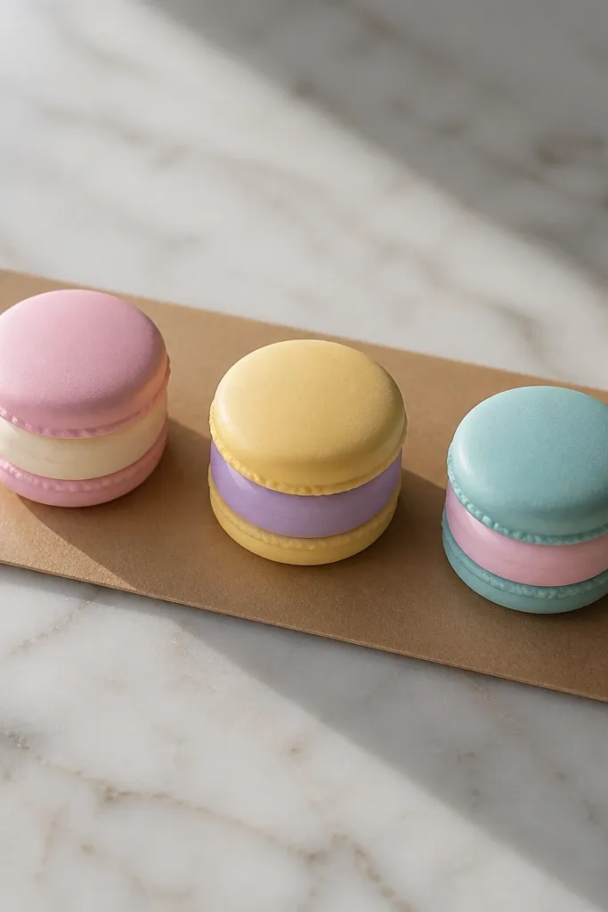 Three tiny macaron squishies stacked with color-blocked bands and clean outlines