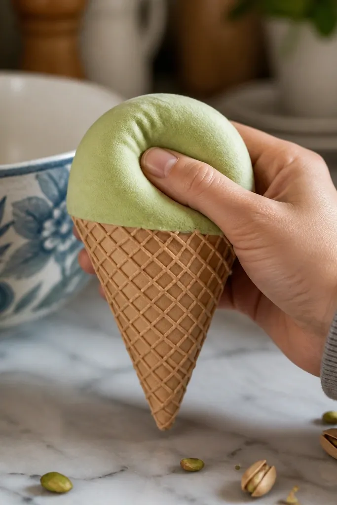 Pistachio green gelato cone squishy with a waffle cone texture line pattern