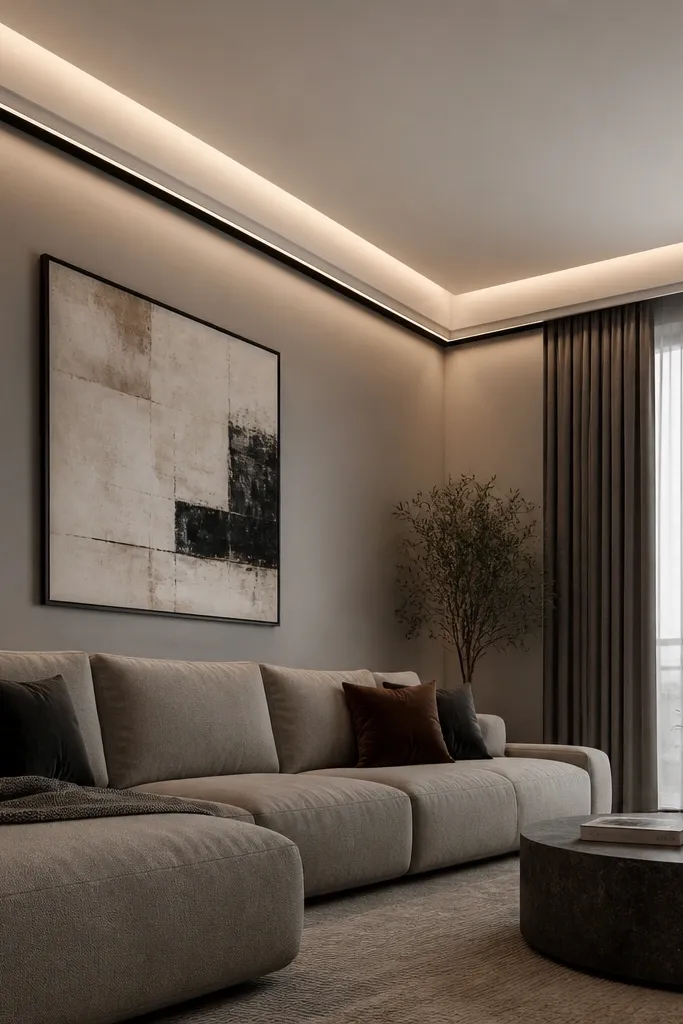 White living room ceiling with a thin perimeter light cove glow
