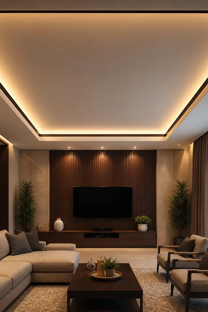Living room ceiling with two concentric perimeter light lines