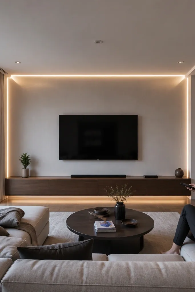 Living room ceiling with light cove running above the TV area