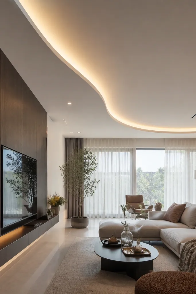 Ceiling with a smooth wave-shaped light band