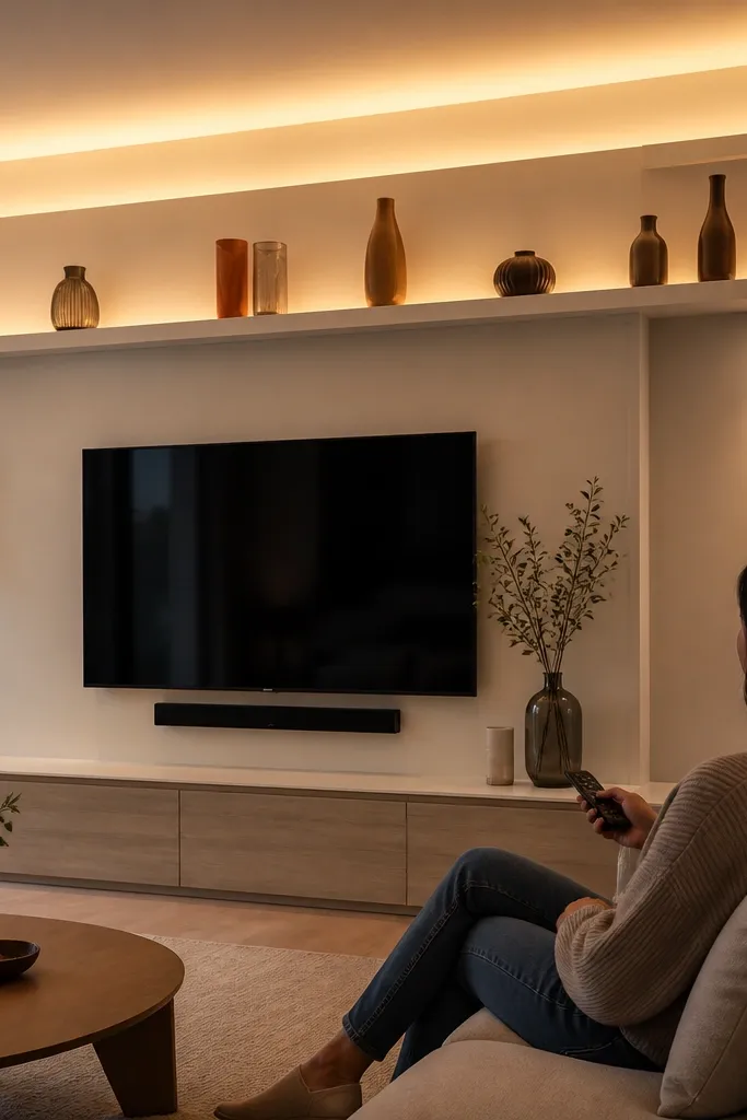 Ceiling has thin backlit shelves with a clean glow band