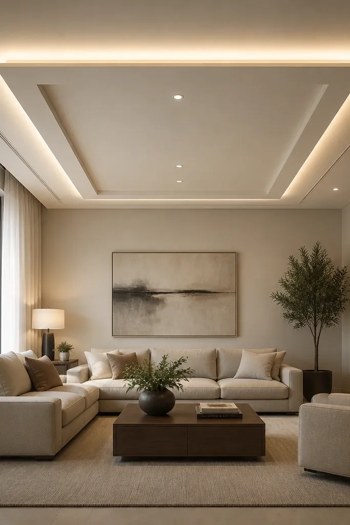 Ceiling has a rectangular recessed frame with indirect light around it