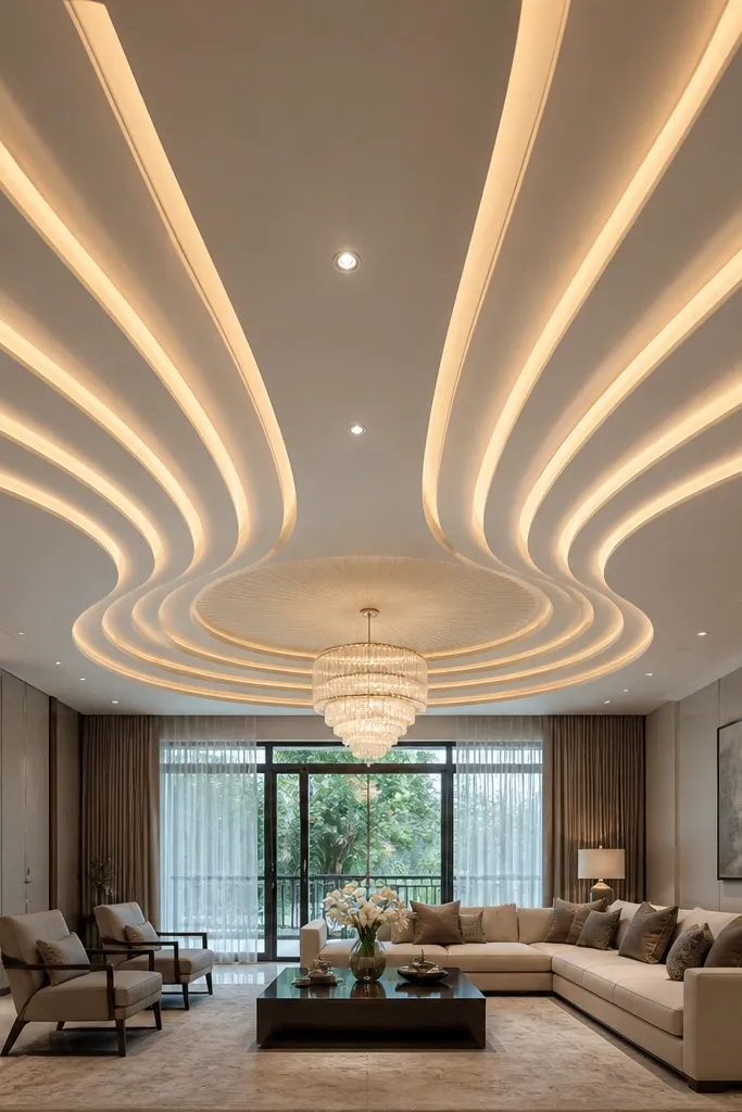 Living room ceiling with inward curved ribs and hidden LEDs