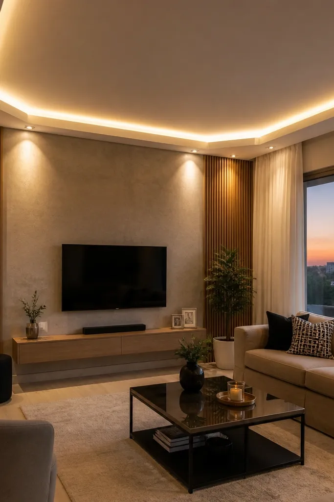 Ceiling has triangle accents at corners with soft spot lighting