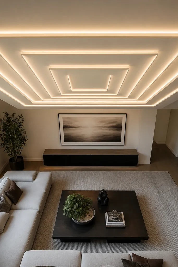 Ceiling with concentric rectangular rings and indirect glow