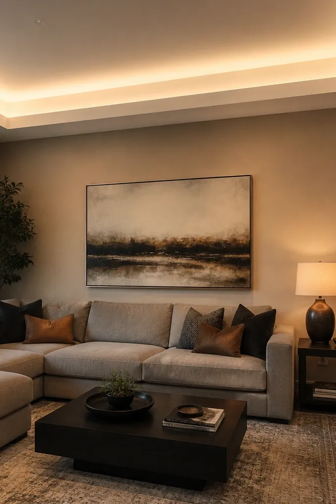 Ceiling has a wide indirect LED frame with smooth glow