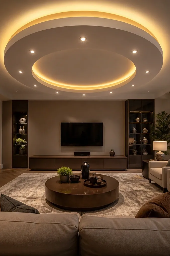 Ceiling has a halo ring glow with small recessed lights