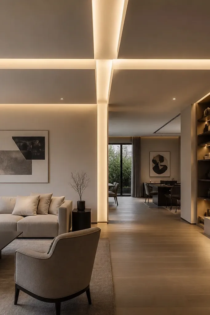 Ceiling has a cross-shaped recessed frame with indirect light