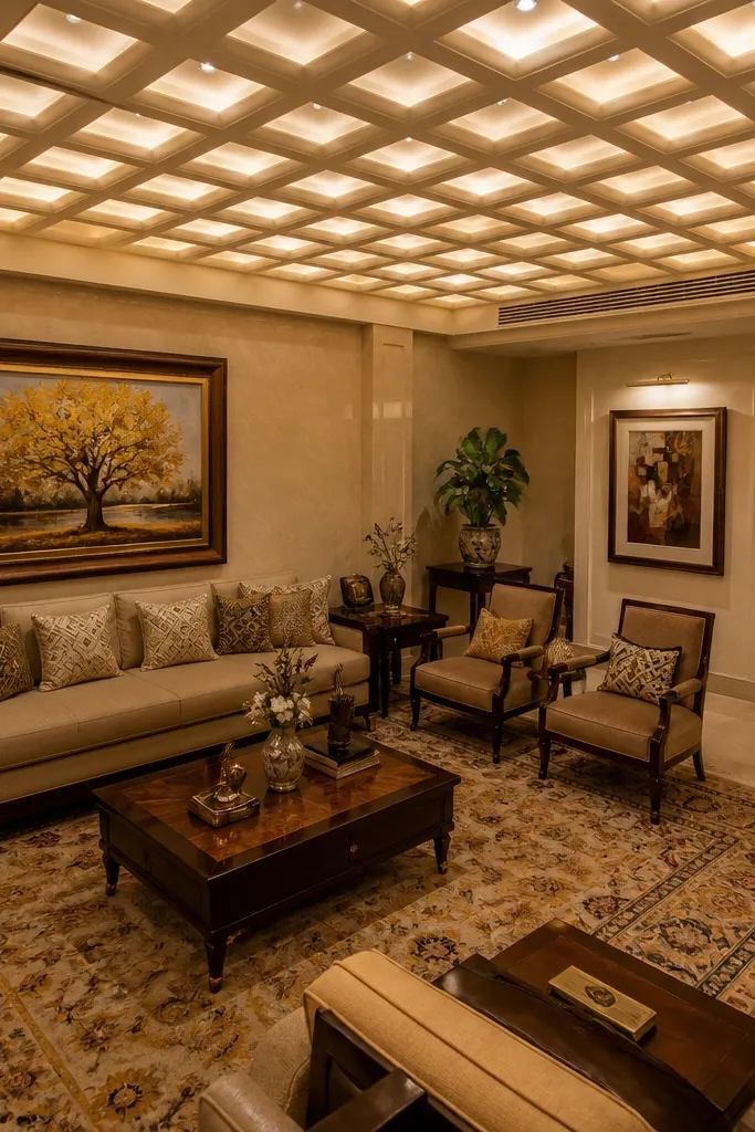 Ceiling has small square recessed light pockets in a grid