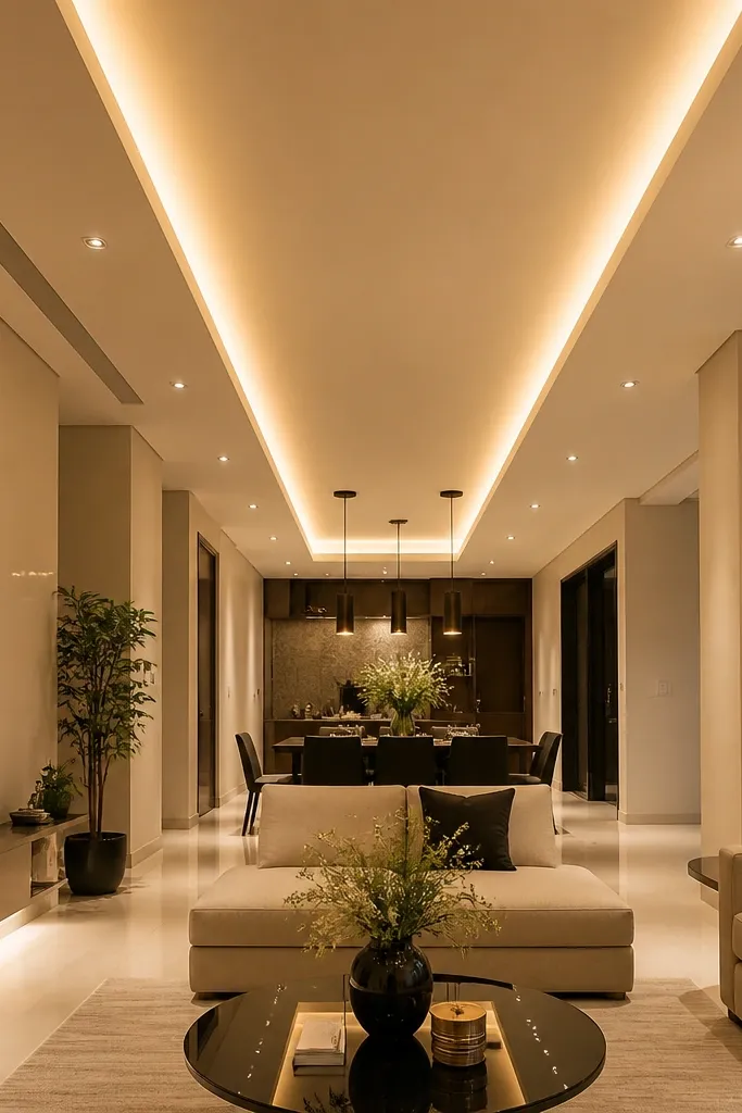 Ceiling has a long rectangular light runway across the living room