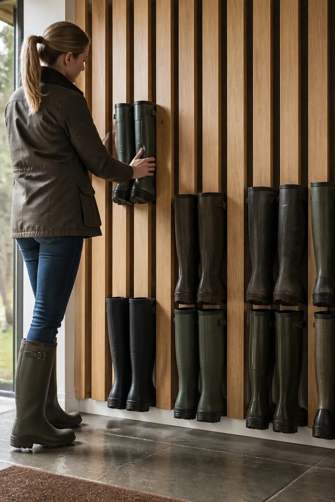 Warm oak slatted panel holding tall boots with a slim gap behind