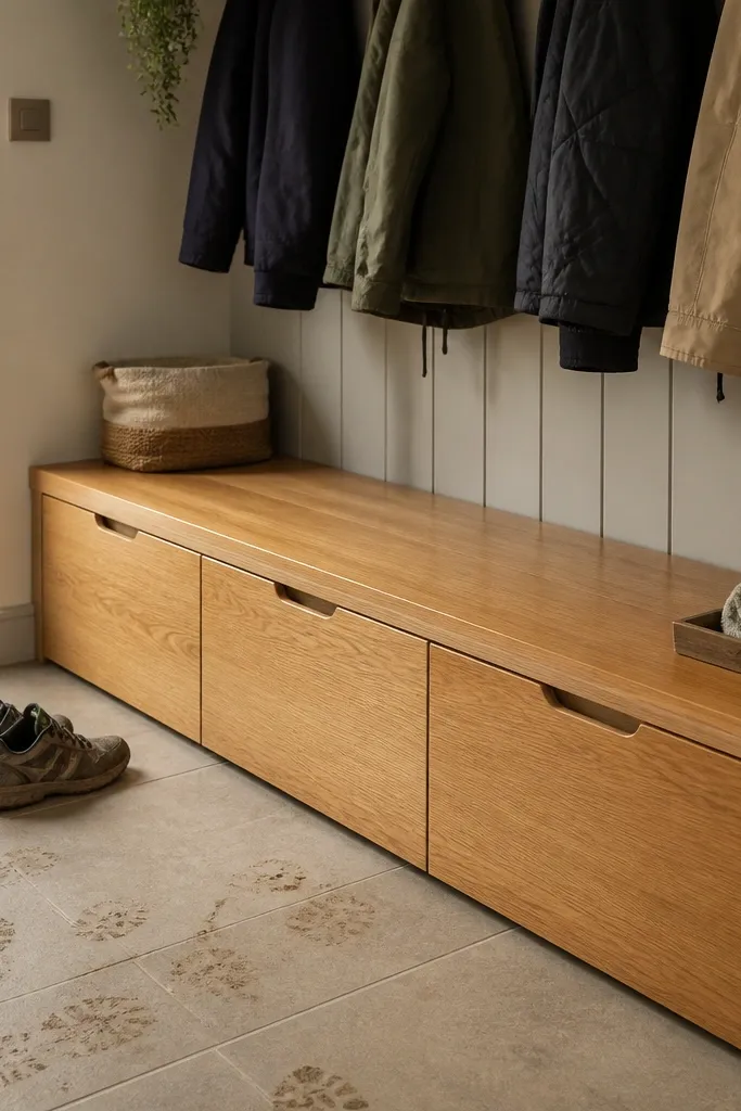 Mudroom bench with three pull-out shoe drawers in sealed plywood
