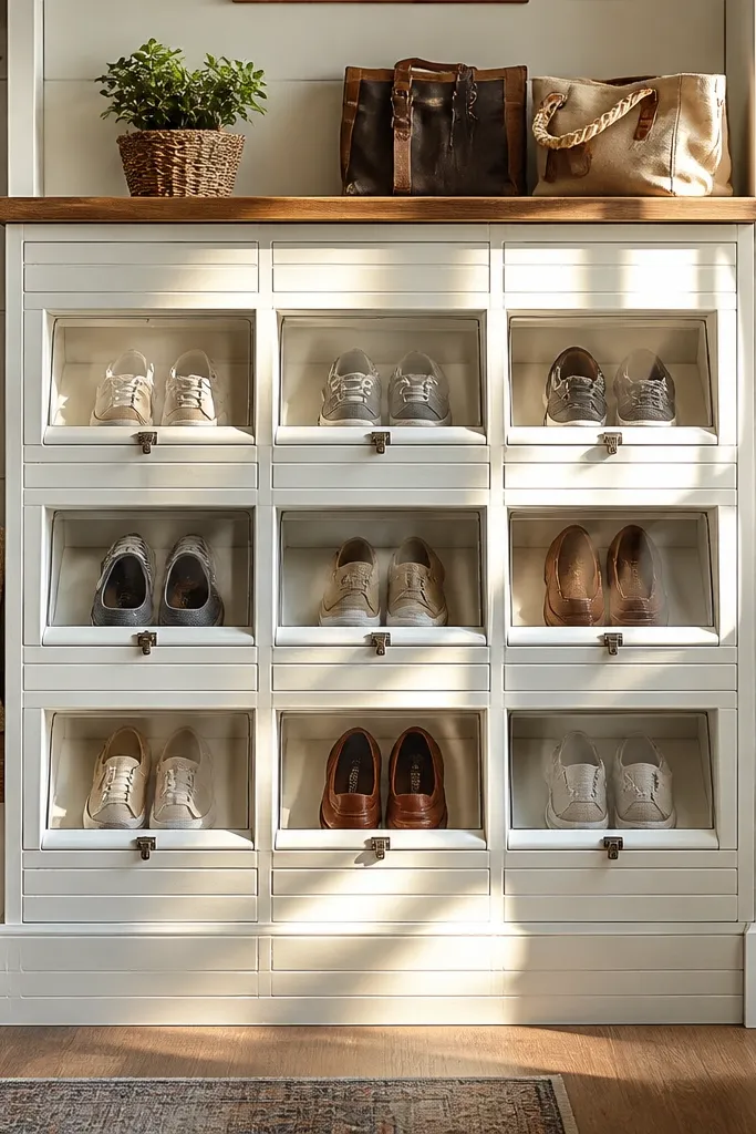 Shiplap wall cubbies with slanted openings and clear lids