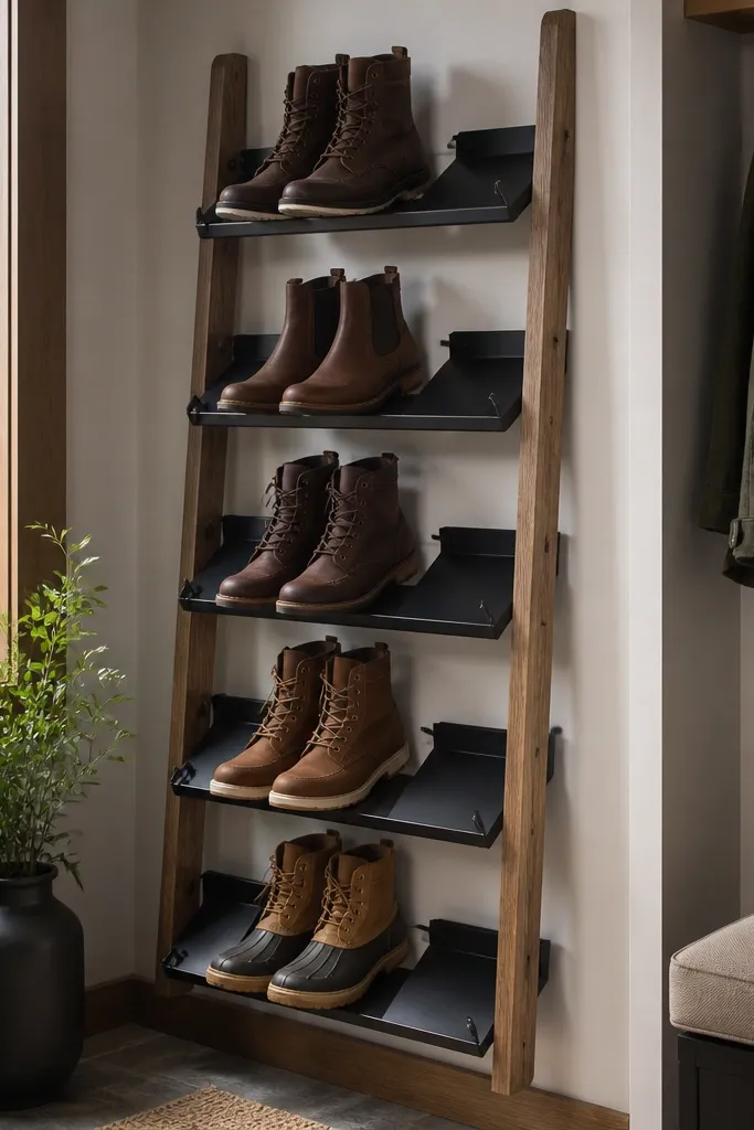 Wall ladder shelf with flip-down stops holding boots in place