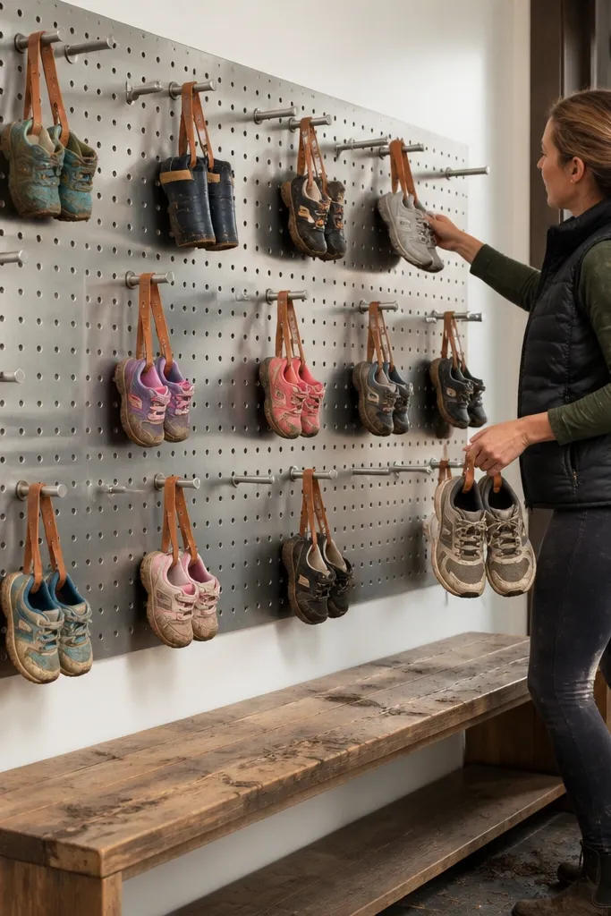 Perforated steel pegboard with hanging shoe organizers and leather straps