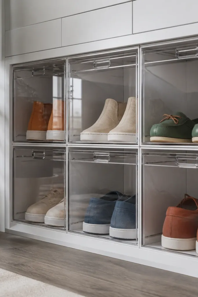 Lower cubbies with clear acrylic fronts showing shoes neatly arranged