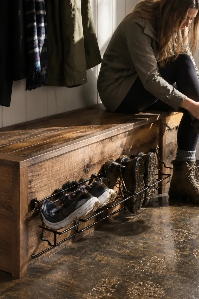 Reclaimed wood bench with open drying rack space underneath