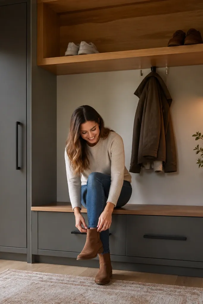 Two-tone wall cabinet with a bottom boot drawer and top open shelf