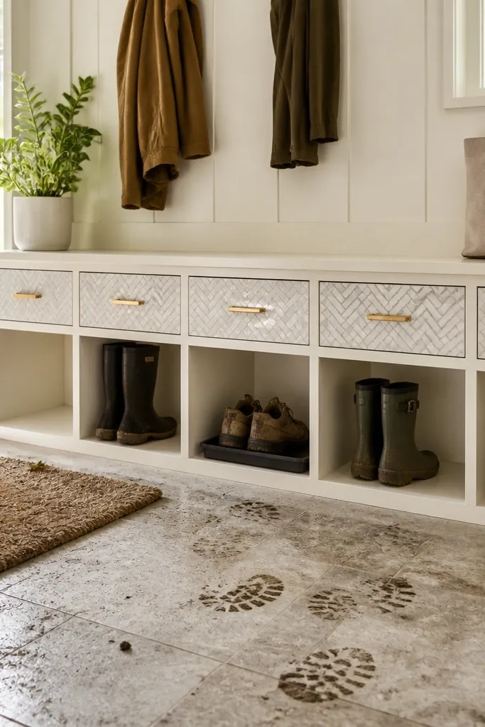 Mudroom shoe bench with herringbone tile fronts and brass pulls