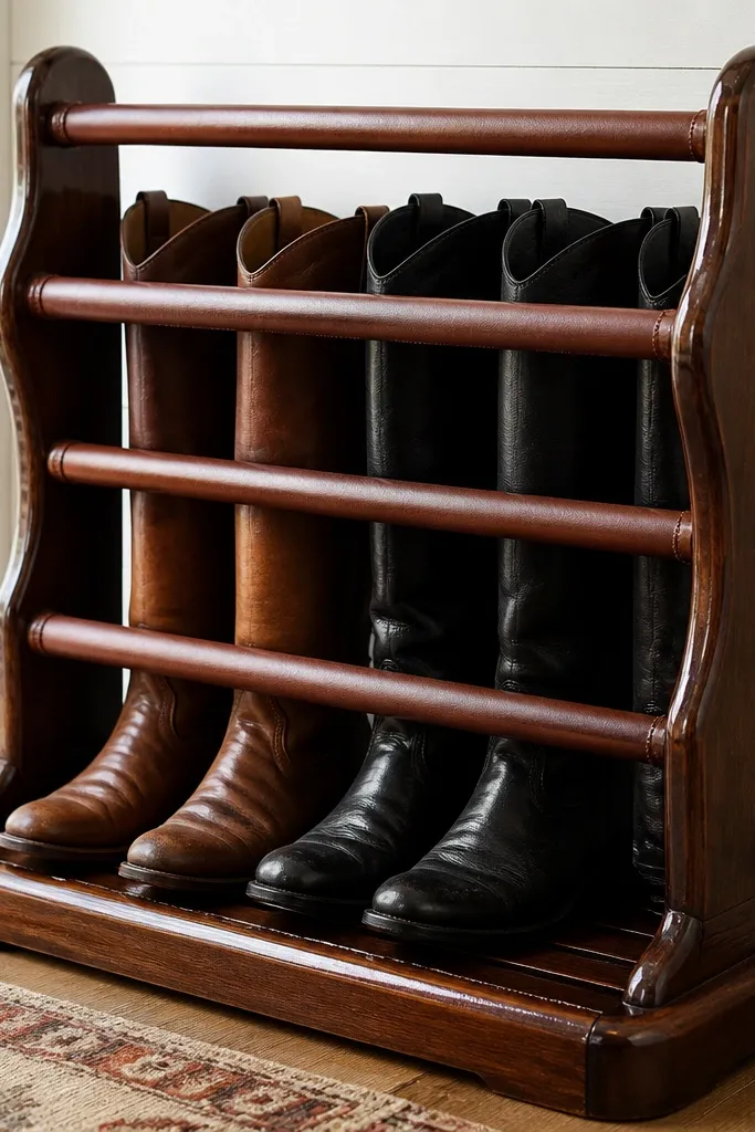 Wood boot rack with leather-wrapped rails holding boots