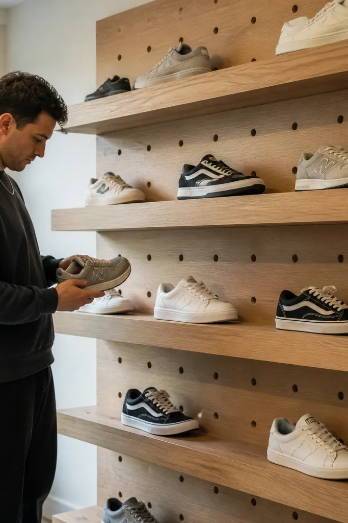 Clean wall shelves with hidden tension stops keeping shoes aligned