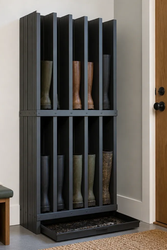 Vertical slat tower for shoes with a removable pan at the bottom