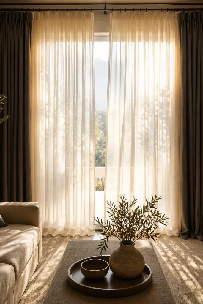 Two layers of curtains on separate rods with overlap at the center